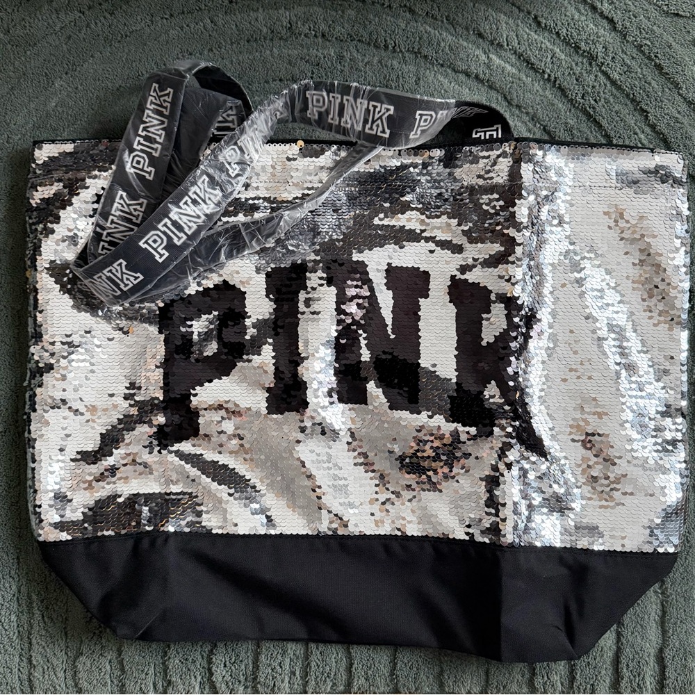 PINK Victoria's Secret Silver and Black Sequin Weekender Tote Bag